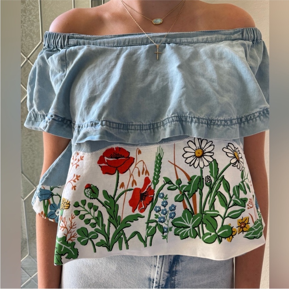 Upcycled Chambray Denim Free People Top Vintage Fabrics XS Off The Shoulders